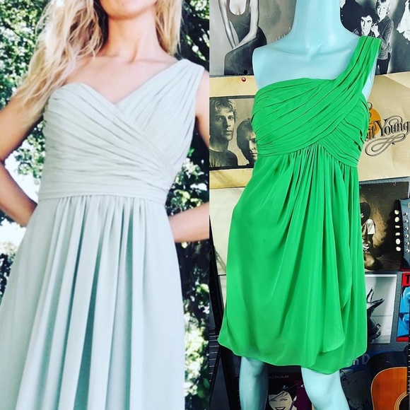 💚WORN ONCE BILL LEVKOFF KELLY GREEN GREEK ONE SHOULDER CHIFFON FORMAL DRESS - Picture 1 of 10